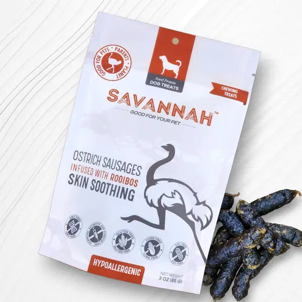 Savannah - Hypoallergenic Ostrich Sausages. Dog Treats with Skin Soothing Rooibos Savannah Pet Food