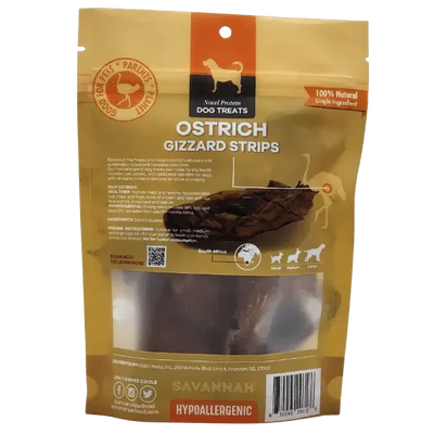 Savannah Chewy Ostrich Gizzard Strips. Protein & Omega-3 rich, Natural Dog Chew Treat Savannah Pet Food