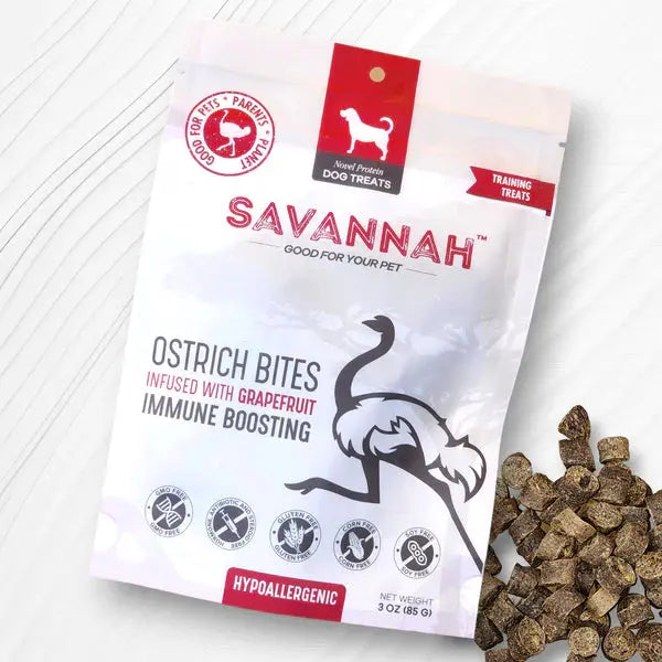 Savannah Hypoallergenic Ostrich Bites. Dog Treats with Immune Boosting Grapefruit 3oz Savannah Pet Food