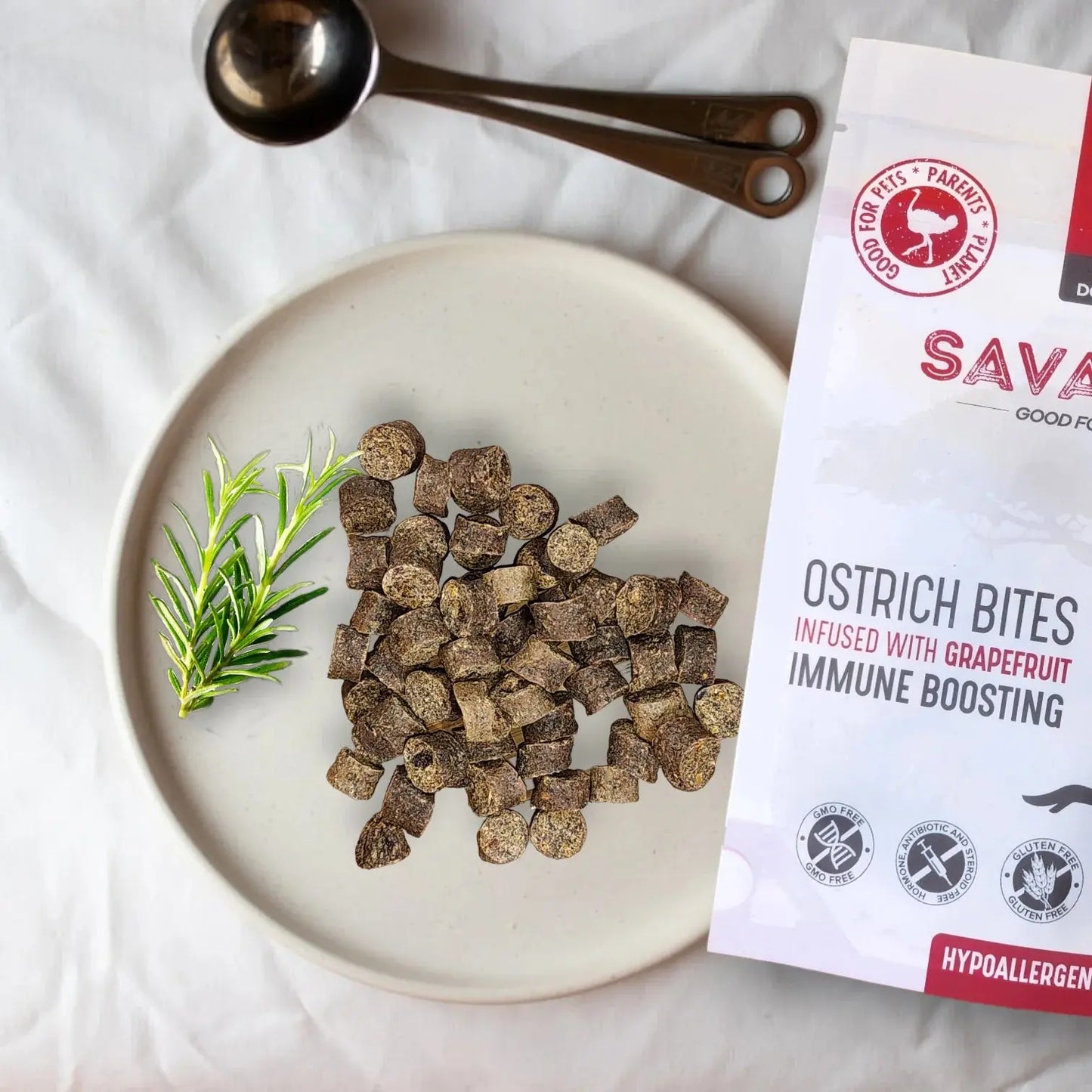 Savannah Hypoallergenic Ostrich Bites. Dog Treats with Immune Boosting Grapefruit 3oz Savannah Pet Food