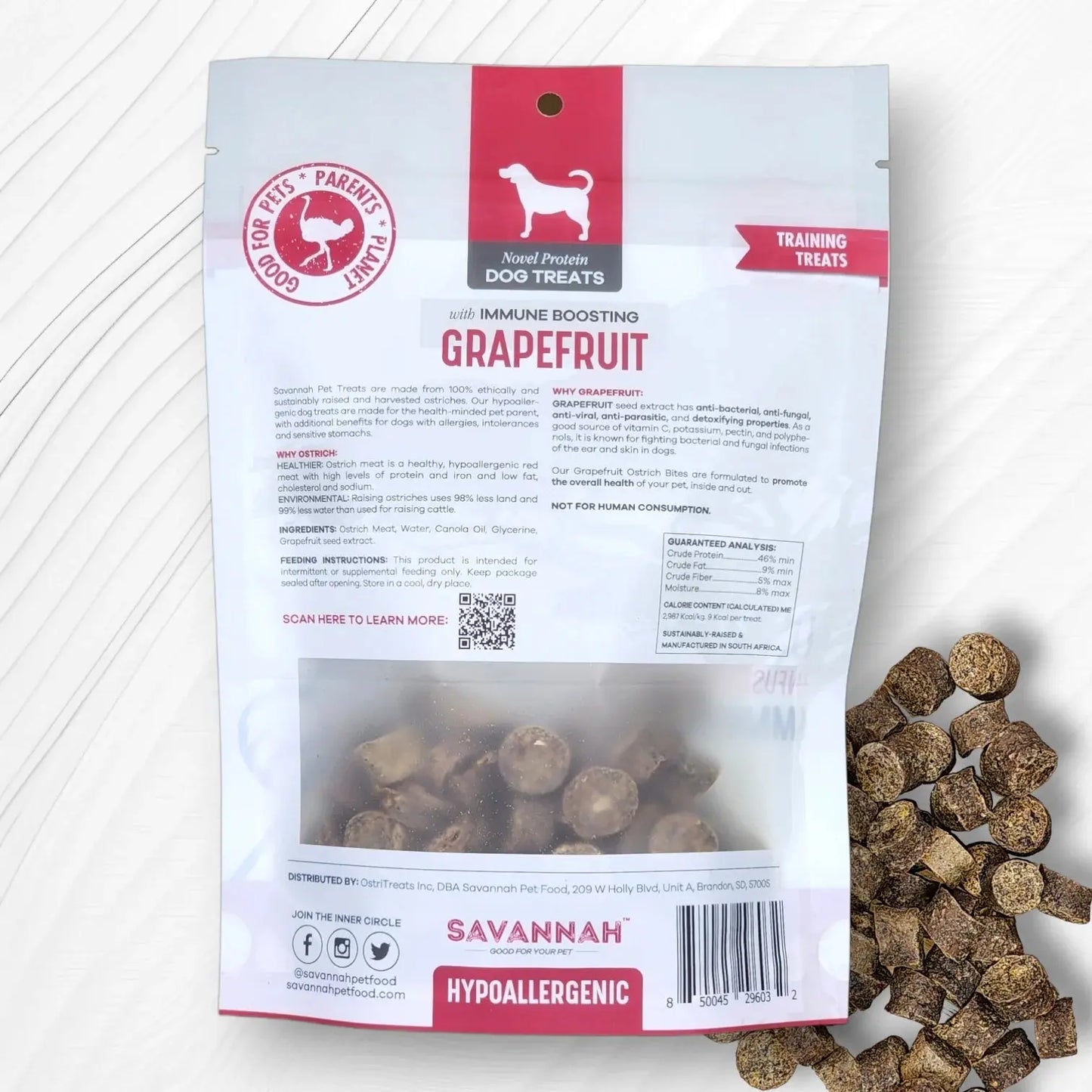 Savannah Hypoallergenic Ostrich Bites. Dog Treats with Immune Boosting Grapefruit 3oz Savannah Pet Food