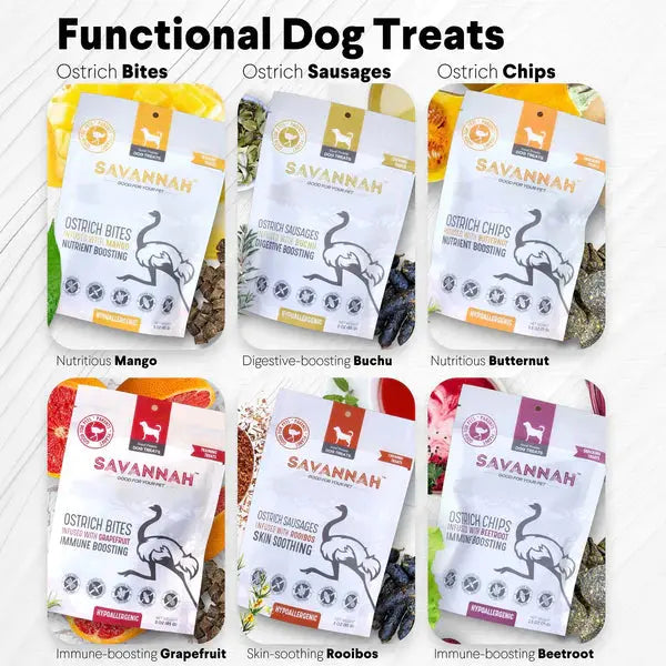 Savannah Hypoallergenic Ostrich Bites. Dog Treats with Immune Boosting Grapefruit 3oz Savannah Pet Food