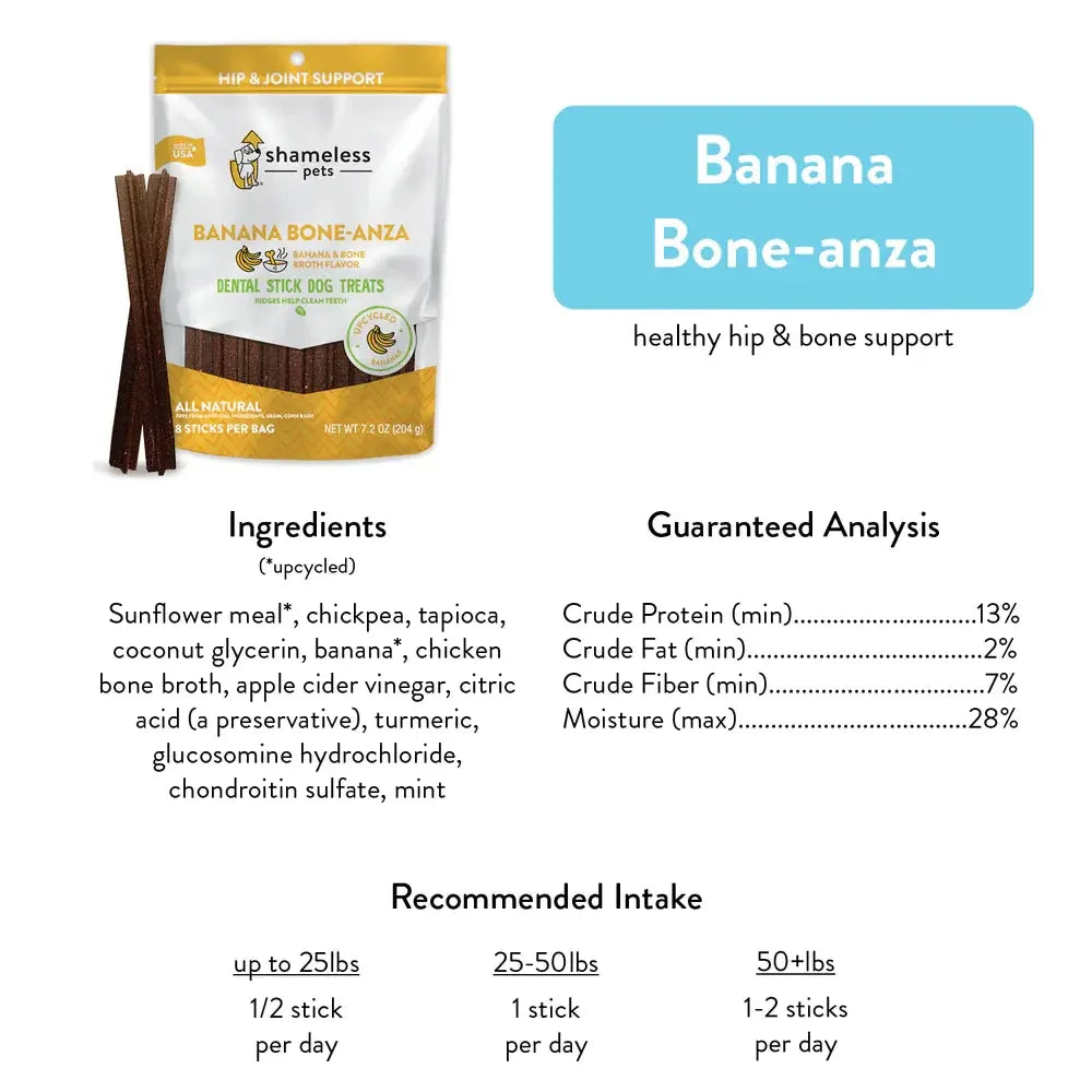 Shameless Pets Banana Bone-anza Dental Sticks Dog Treats Shameless Pets