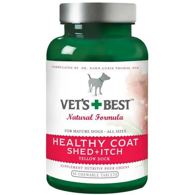Vets Best Healthy Coat Shed and Itch, 50 ct, is a supplement for mature dogs of all sizes. With yellow dock, it helps control shedding and relieve itching. From Vets Best.