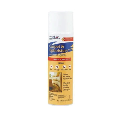 Zodiac® CPD Carpet and Upholstery Aerosol Spray 16 oz treats up to 2,000 sq. ft., killing fleas, eggs, and larvae. The white and yellow can features clear text and a sofa image for effective flea control on carpets and upholstery.