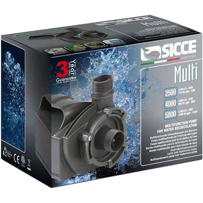 Sicce MULTI 4000 aquarium pump box showing features and guarantee for water circulation