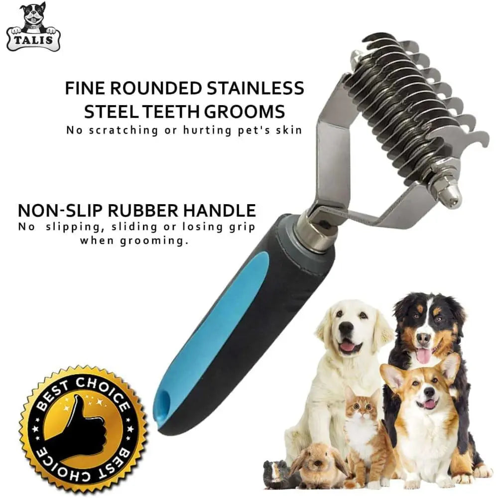 The Talis Us Pet Dematting Comb for Dogs features fine rounded stainless steel teeth and an ergonomic blue non-slip handle. A Best Choice seal is beside four dogs and a cat, highlighting this Talis Us grooming tool’s effectiveness.