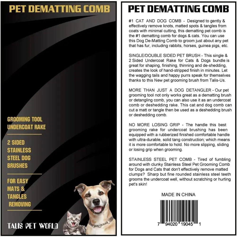 Front and back packaging of the Talis Us Pet Dematting Comb for Dogs with Ergonomic Handle. The front displays a smiling dog, product features, and the Talis Us brand. The back offers usage instructions and benefits for easy fur detangling.