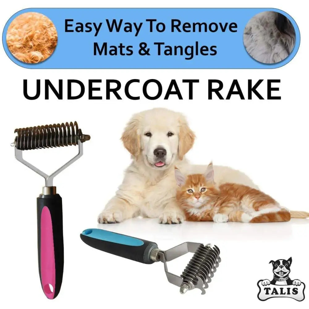 Advertisement shows Talis Us Pet Dematting Comb for Dogs with Ergonomic Handle. Dog and cat lying together, text reads: Easy Way To Remove Mats & Tangles. Features two grooming tools, including a Talis Us dematting comb.