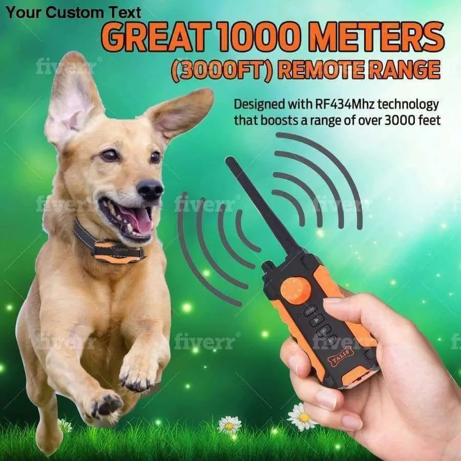 A happy dog wearing a Talis Us Rechargeable Bark Collar for Dogs - Dual Pack runs in the grass as a hand holds the remote. Text highlights a 1000m (3000 ft) remote range with RF434Mhz tech, with signal wave illustrations. Brand: Talis Us.
