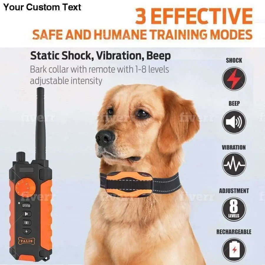 A golden dog wears the Talis Us Rechargeable Bark Collar for Dogs - Dual Pack by Talis Us, sitting beside the matching remote. The device has 3 training modes—static shock, vibration, and beep—with adjustable intensity levels.