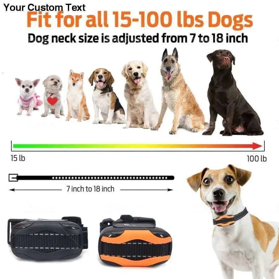 The Talis Us Rechargeable Bark Collar for Dogs - Dual Pack by Talis Us fits 15-100 lb dogs with neck sizes from 7 to 18 inches. Includes two black and orange adjustable collars, shown on various dog breeds and a happy dog wearing one.