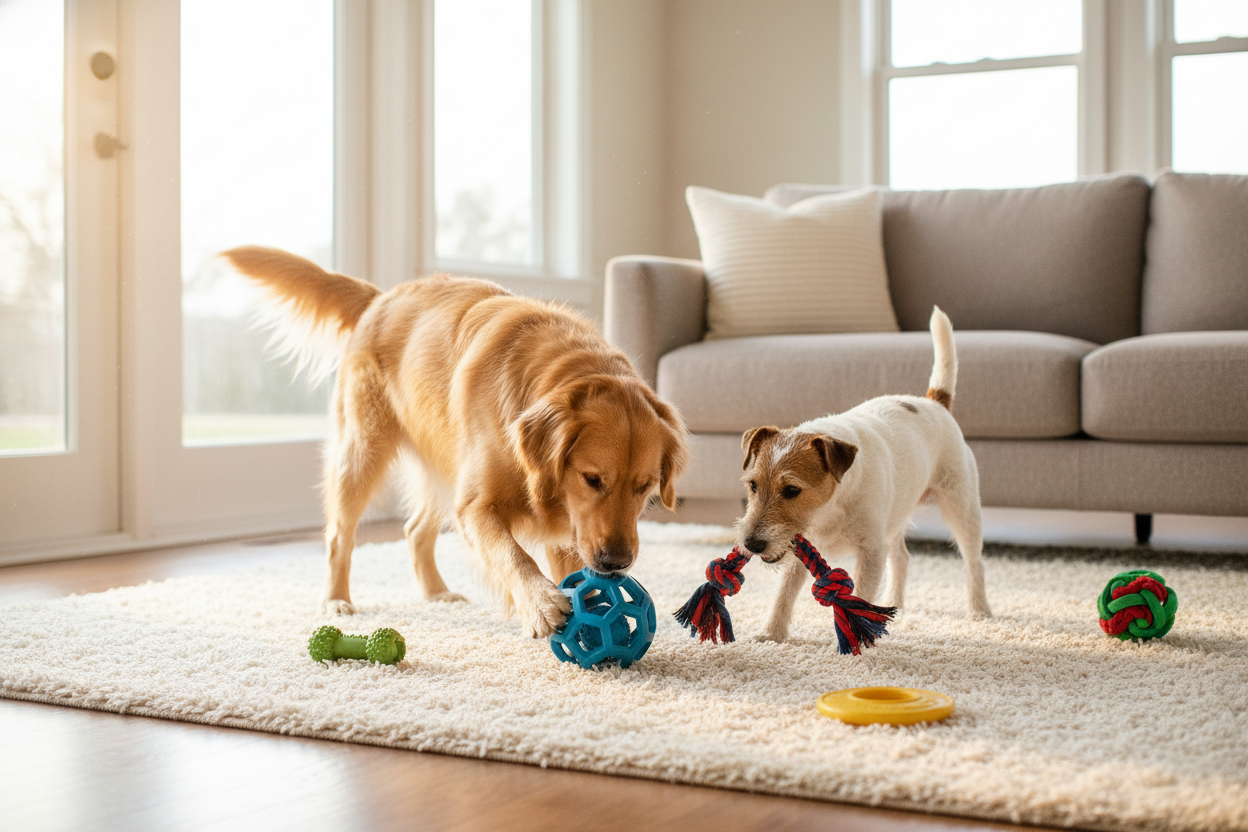 Two dogs playing indoors with durable interactive dog toys for active and healthy fun