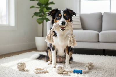 Playful dog enjoying durable rope dog toys for interactive indoor fun and healthy chewing