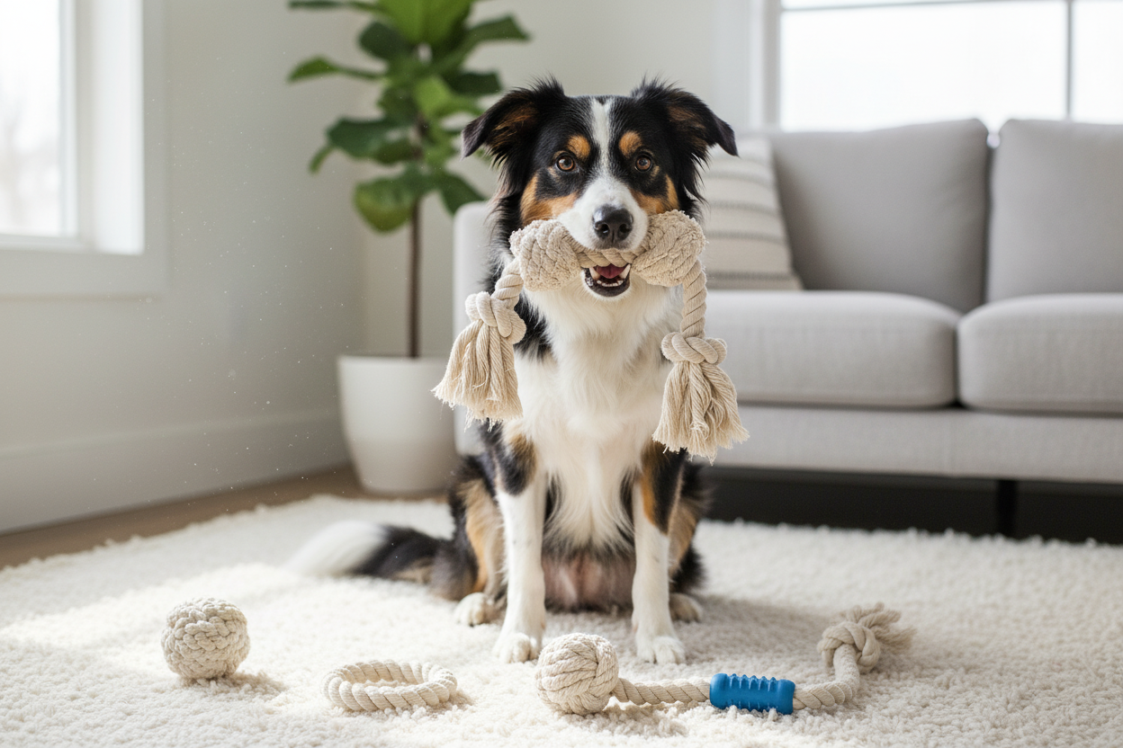 Playful dog enjoying durable rope dog toys for interactive indoor fun and healthy chewing