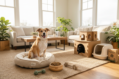 Happy dog and cat enjoying eco-friendly pet products in a cozy living room with sustainable toys and accessories