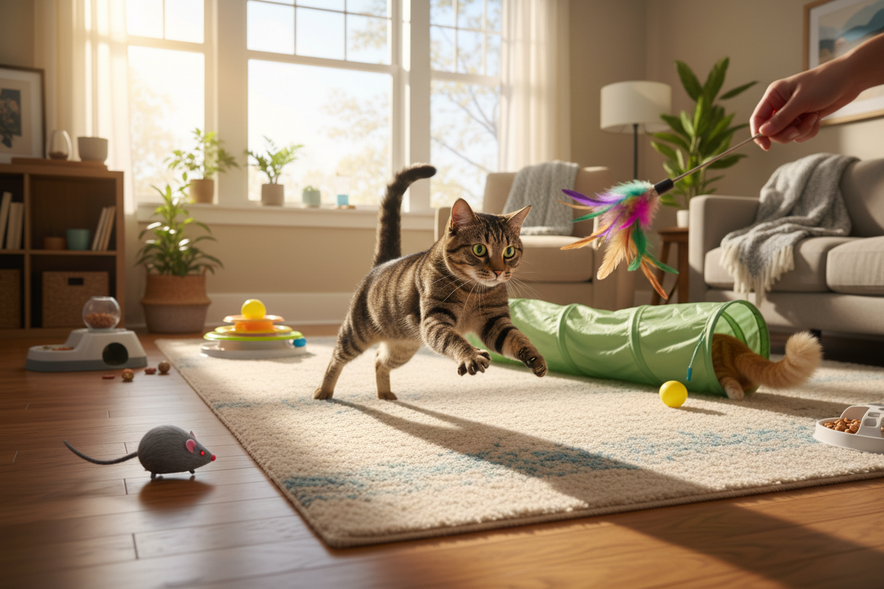 Playful cat chasing best interactive cat toys for indoor fun and healthy activity enrichment