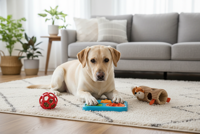 Labrador playing with interactive dog toys on a cozy rug, perfect for mental stimulation and fun