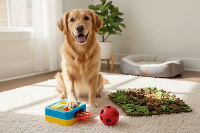 Golden retriever playing with mentally stimulating toys for dogs to encourage enrichment and interactive fun