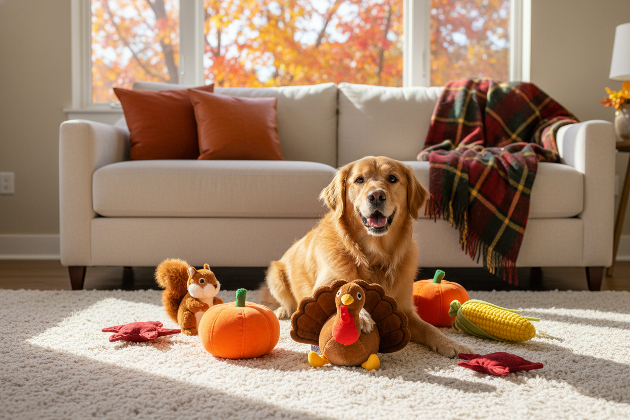 Golden retriever with plush dog toys for fall, including pumpkins and turkey, perfect for seasonal playtime