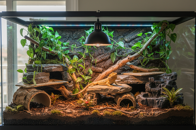 Naturalistic reptile habitat accessories including branches, rocks, and plants for a healthy terrarium setup