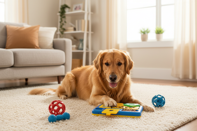 Golden retriever enjoying interactive dog toys for boredom relief and mental stimulation at home