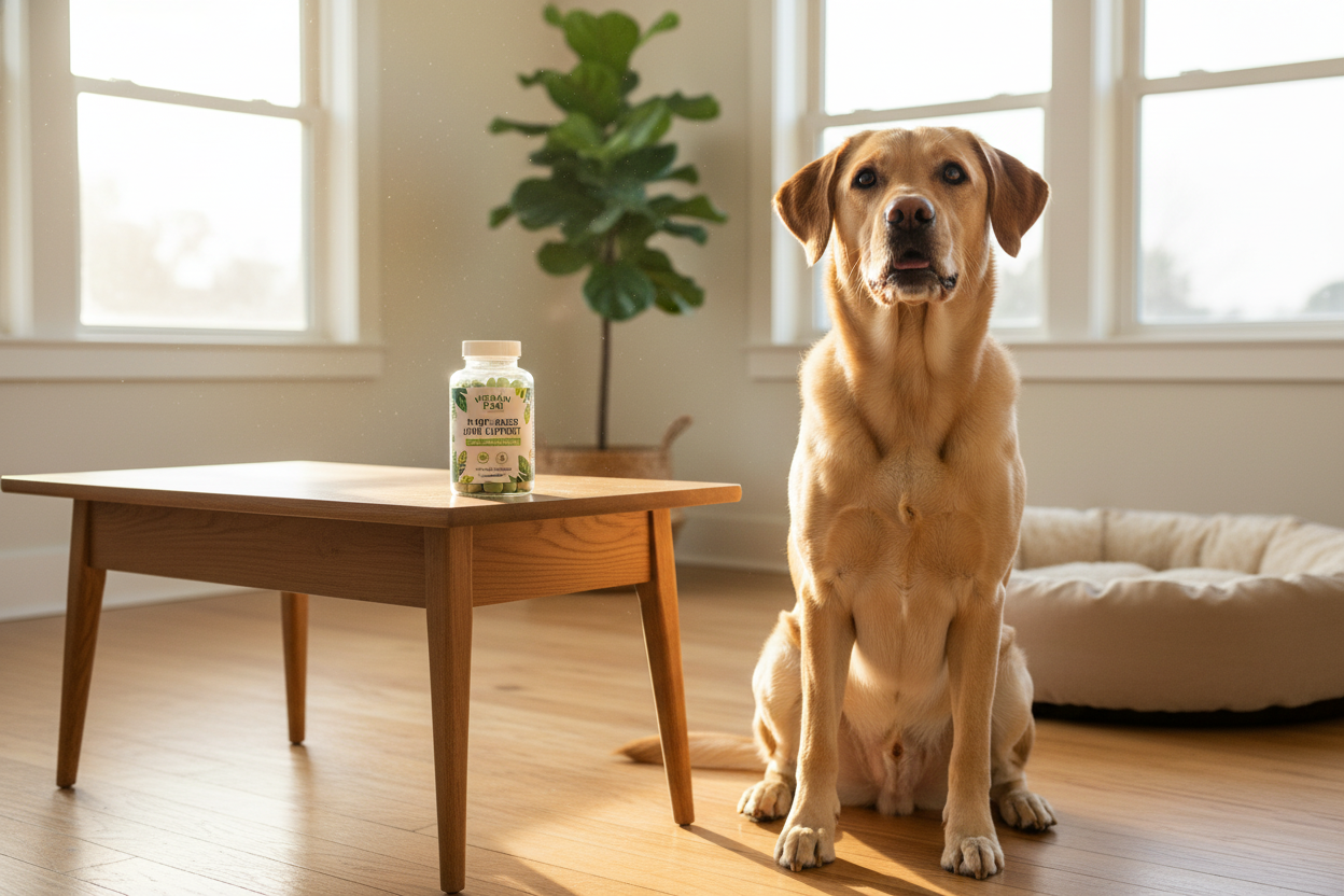 Happy dog sitting beside vegan dog joint supplements for healthy mobility support
