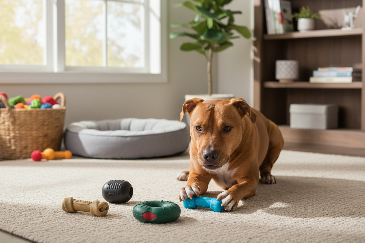 Strong dog playing with best dog toys for chewers in a cozy living room, ideal for tough chewers