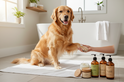 Golden retriever enjoying natural pet grooming products for a gentle and healthy bath routine