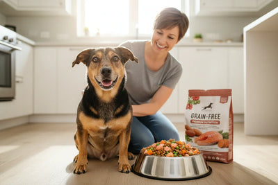 Happy dog enjoying a nutritious meal as owner highlights grain free dog food benefits for better health