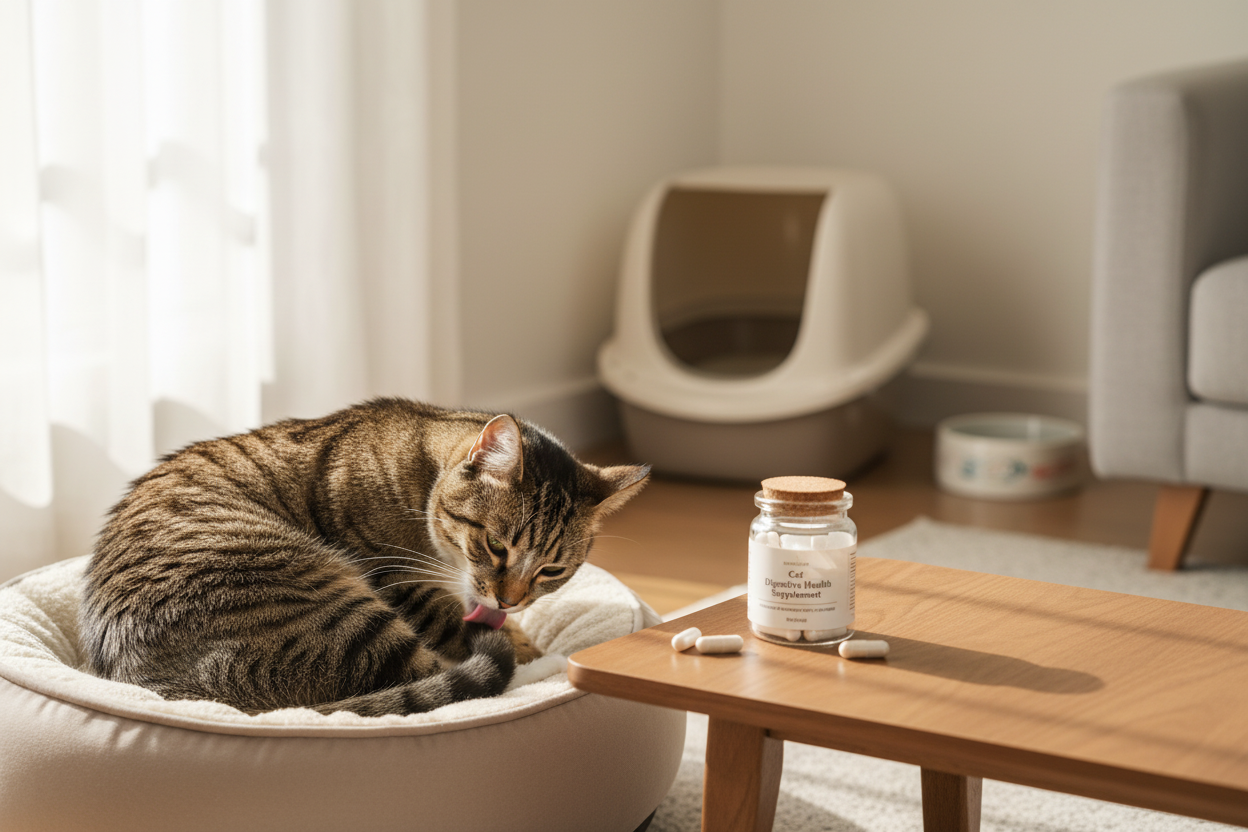 Tabby cat relaxing near cat digestive health supplements in a cozy home setting for optimal feline wellness