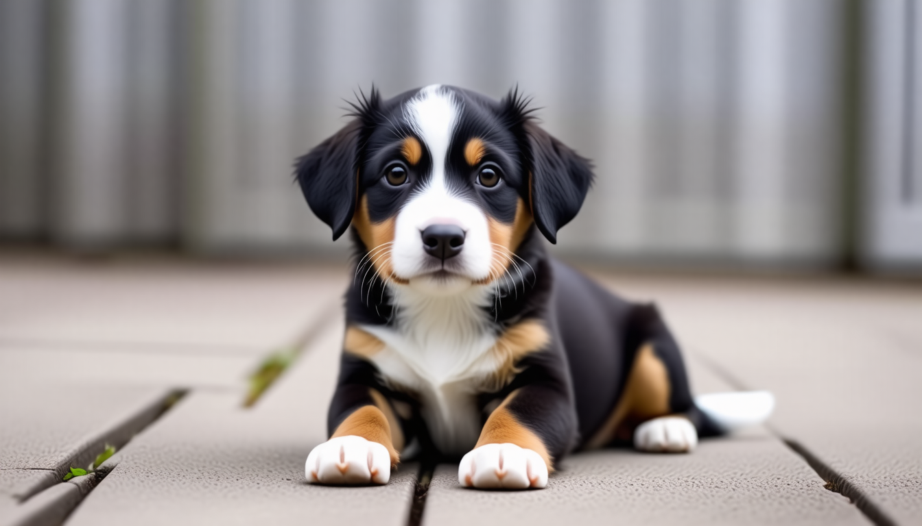 Adorable Bernese Mountain Dog puppy lying on a wooden deck, looking directly at the camera.