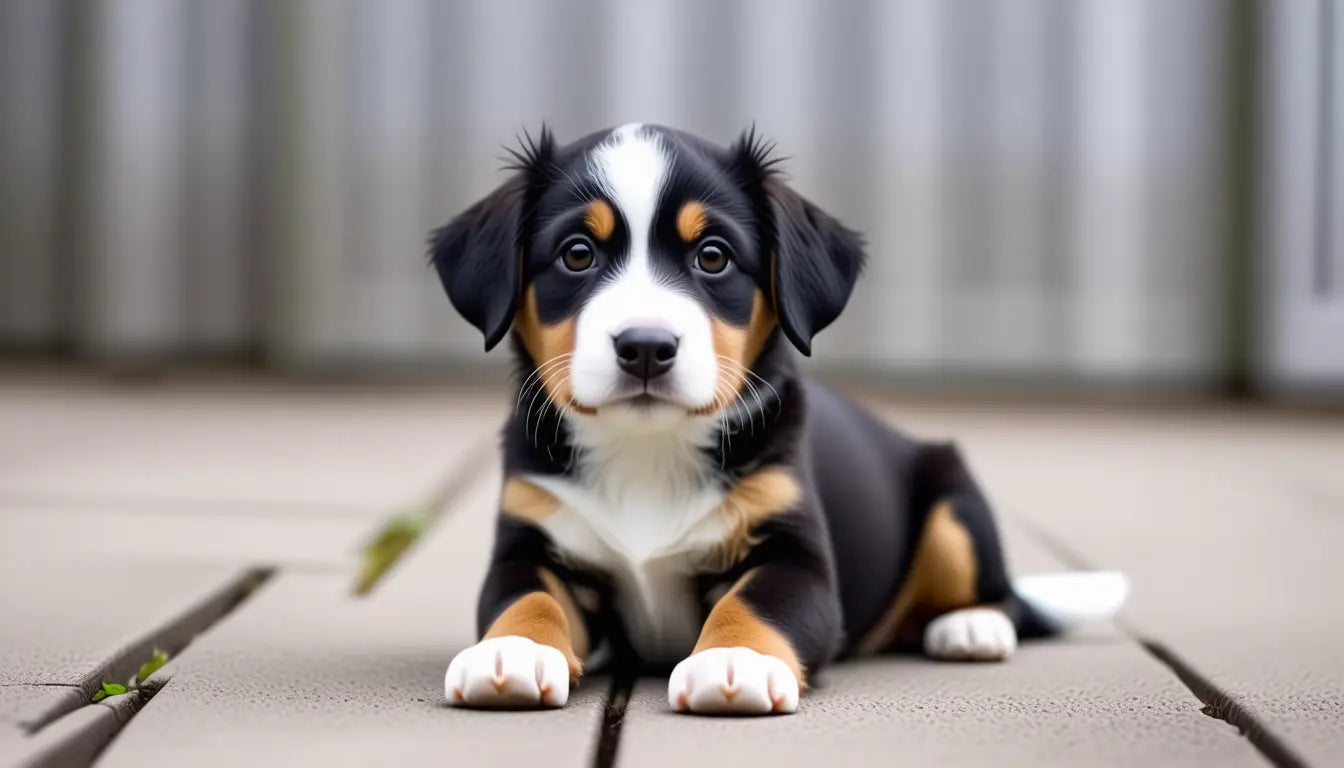 Adorable Bernese Mountain Dog puppy lying on a wooden deck, looking directly at the camera.