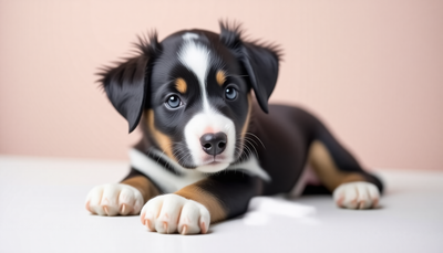 Cute tricolor puppy lying down on a soft white surface against a pink backdrop"