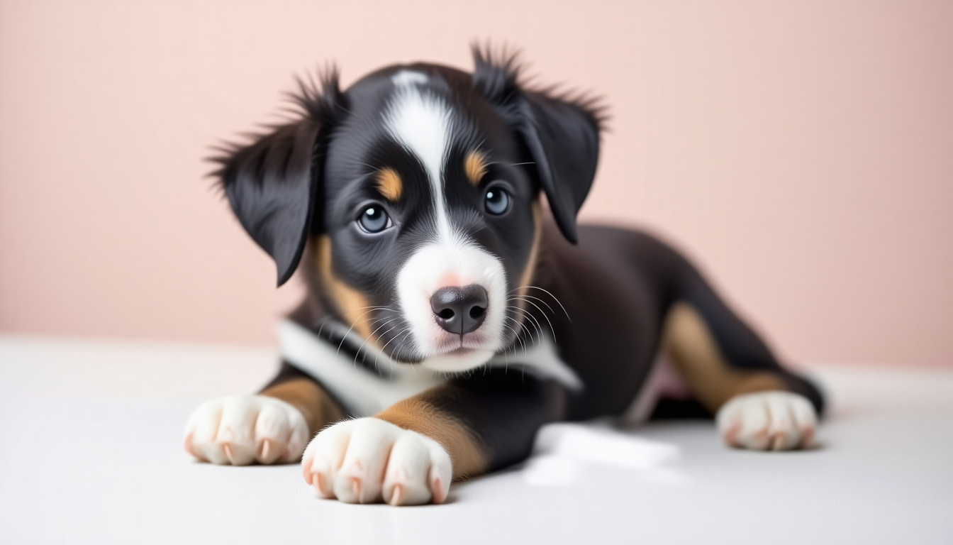 Cute tricolor puppy lying down on a soft white surface against a pink backdrop"