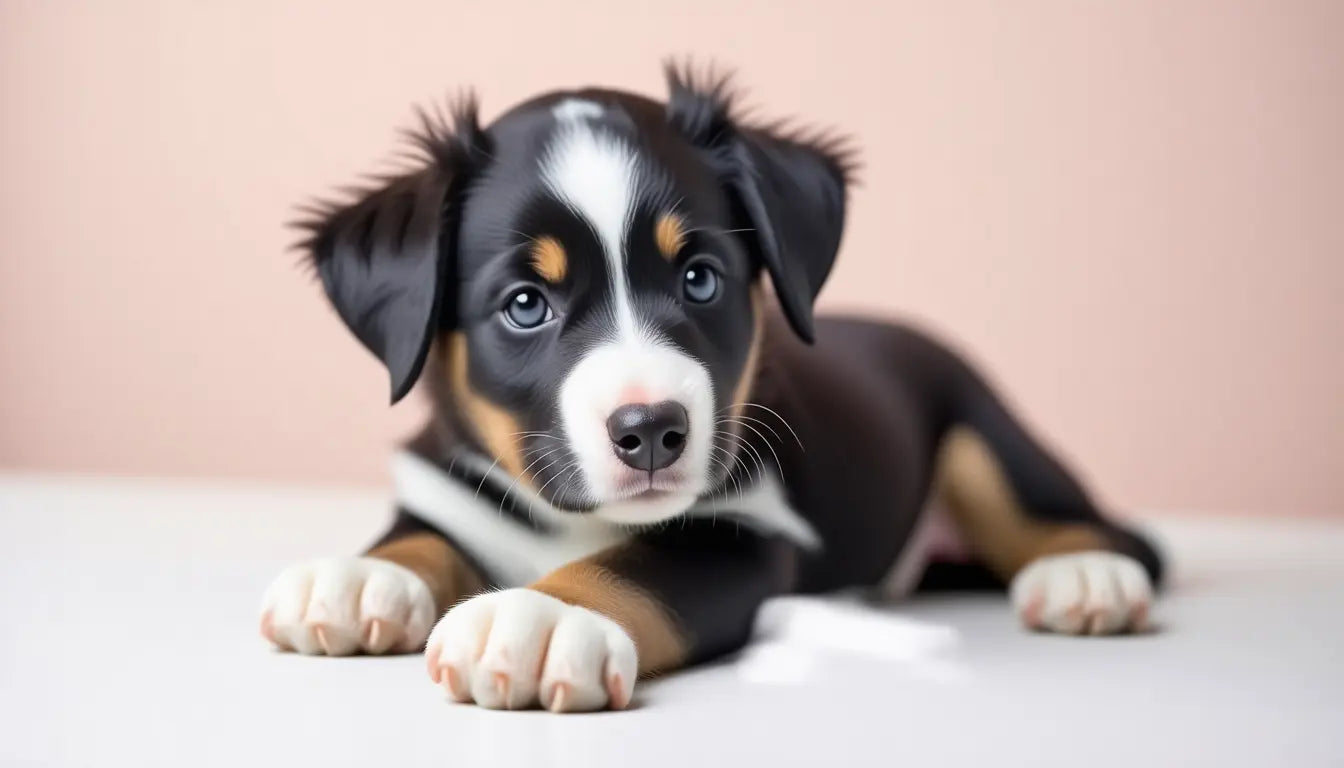 Cute tricolor puppy lying down on a soft white surface against a pink backdrop"