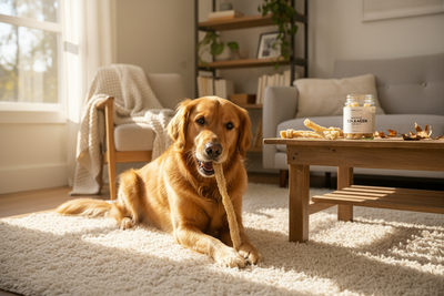 Golden retriever enjoying collagen dog chews on a cozy rug, promoting healthy treats for happy pets