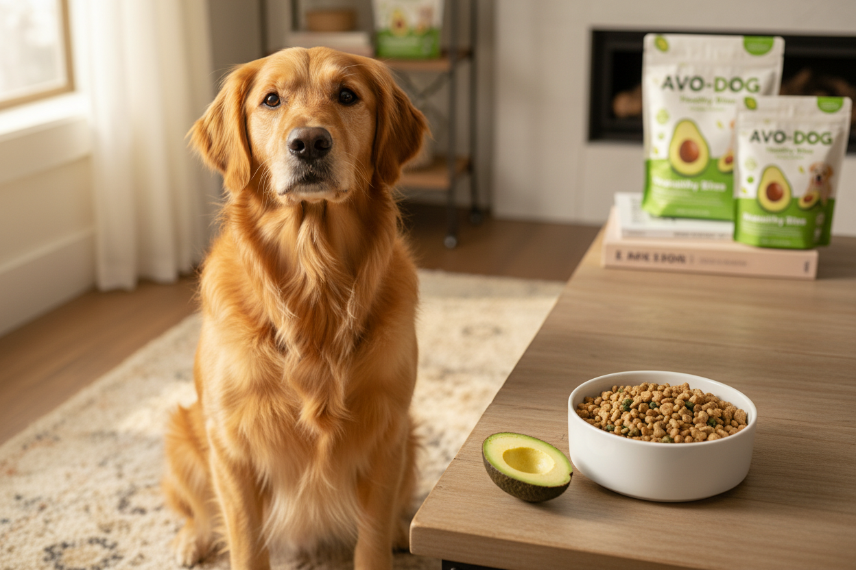 Golden retriever with avocado dog food highlights avocado dog food benefits for healthy pets