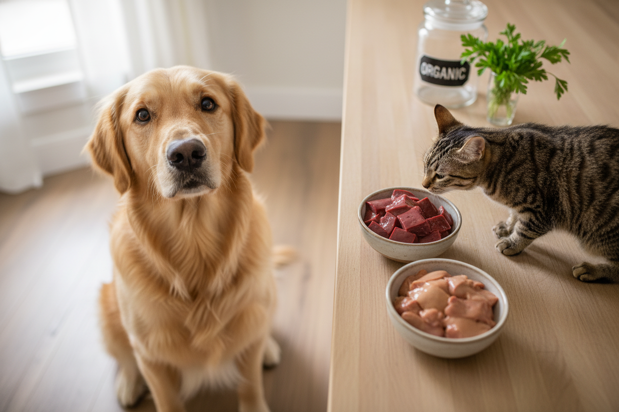 Dog and cat with bowls of beef liver, highlighting natural pet food and treat options