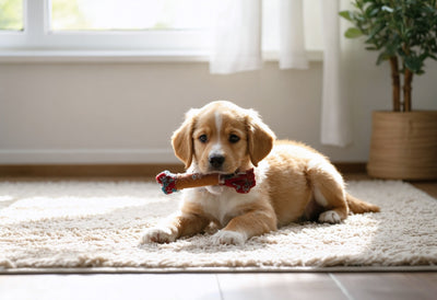 Happy puppy enjoying one of the best bully sticks for puppies on a cozy living room rug