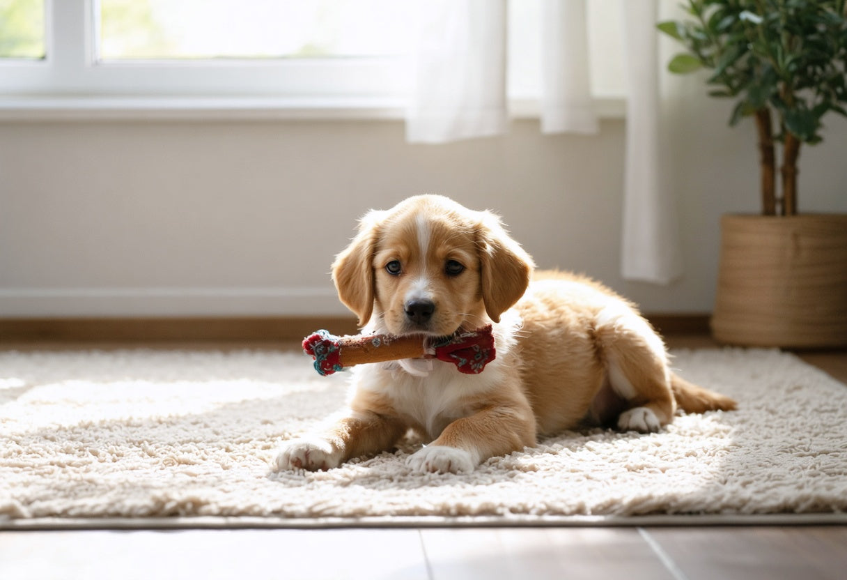 Happy puppy enjoying one of the best bully sticks for puppies on a cozy living room rug