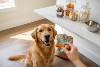 Golden retriever waiting for best dog treats for sensitive stomachs in a bright kitchen setting