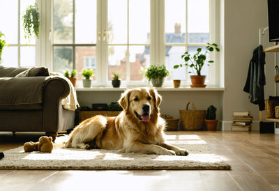 Golden retriever relaxing in a sunlit living room, highlighting best pet supplies for large dog breeds