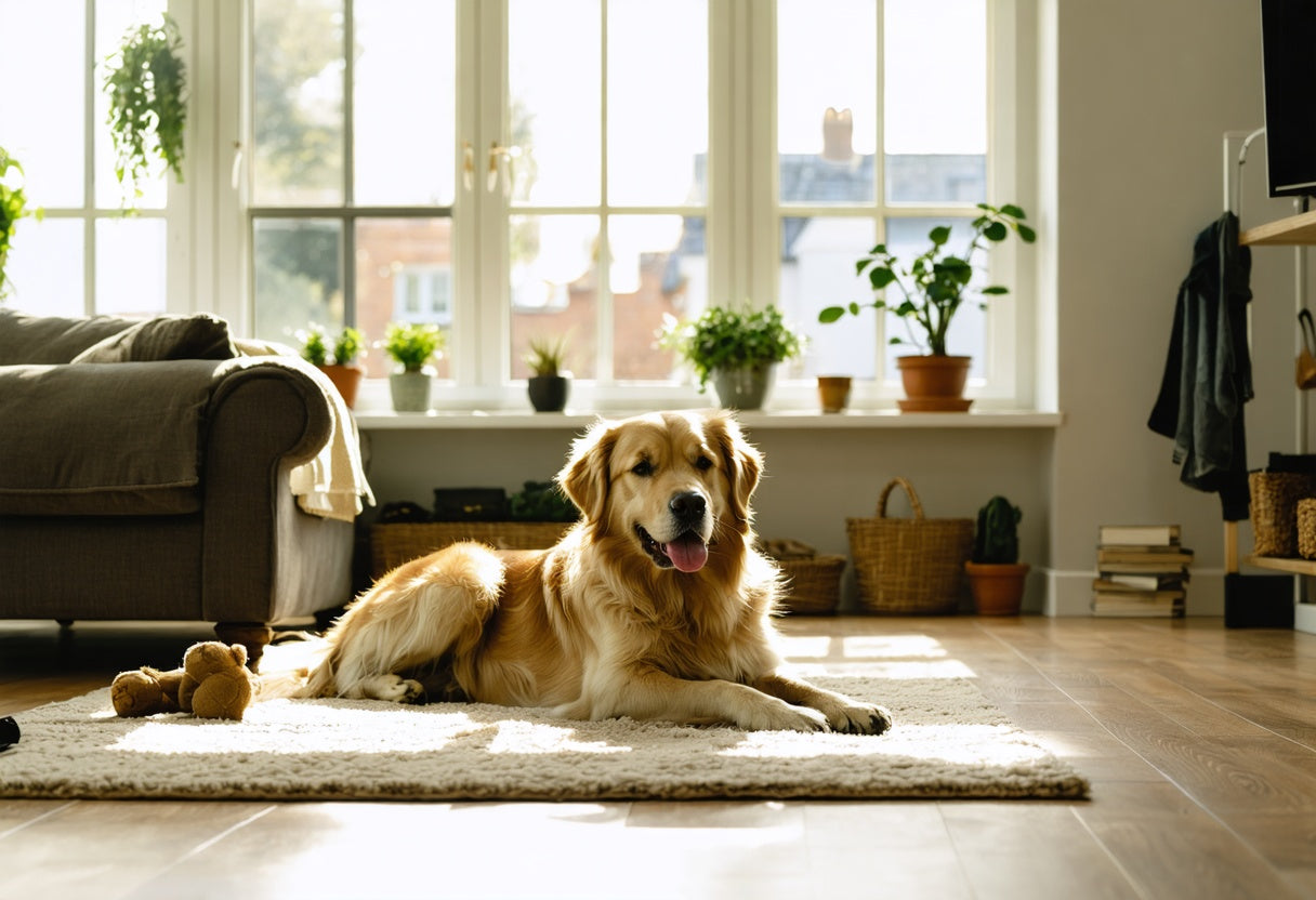 Golden retriever relaxing in a sunlit living room, highlighting best pet supplies for large dog breeds