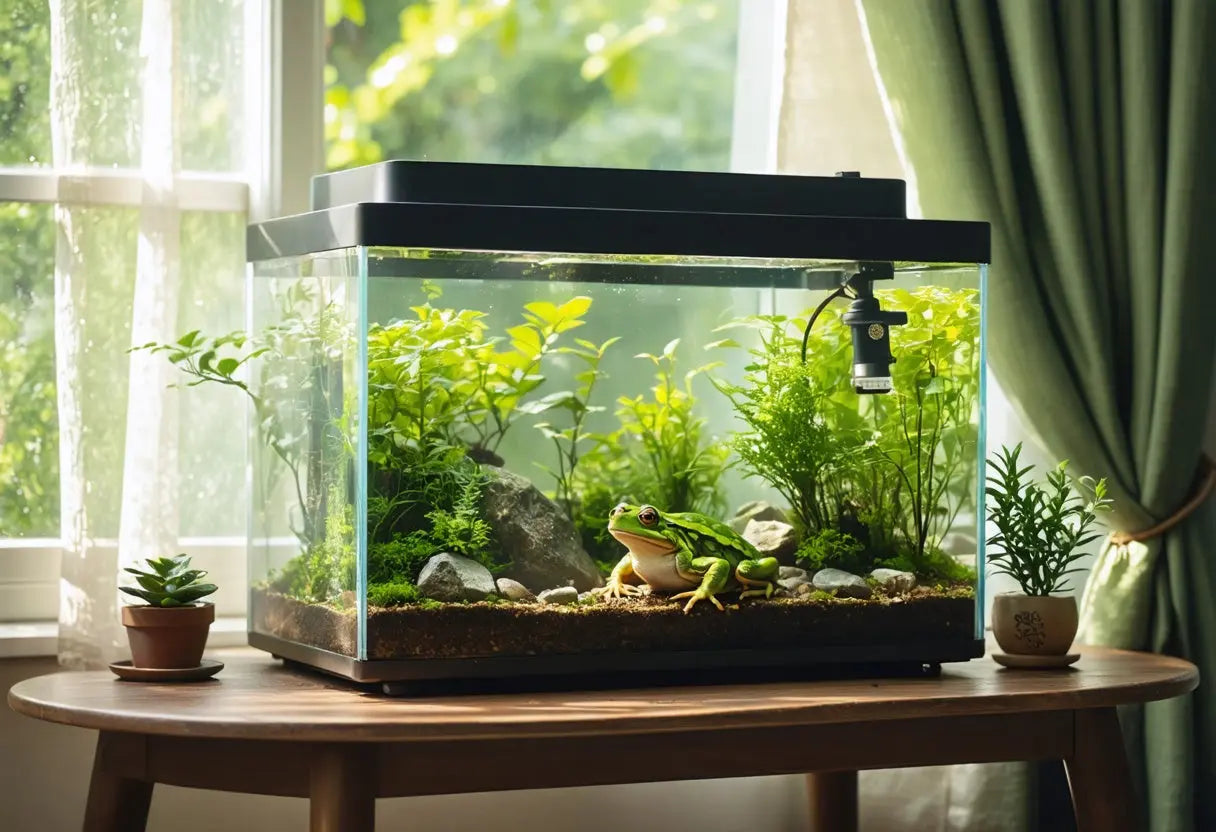 Bright terrarium setup with a healthy bull frog, lush plants, and cozy habitat essentials for your pet’s comfort
