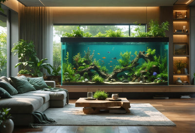 Modern living room with a large aquarium featuring lush plants, driftwood, and colorful fish for aquarium decoration ideas