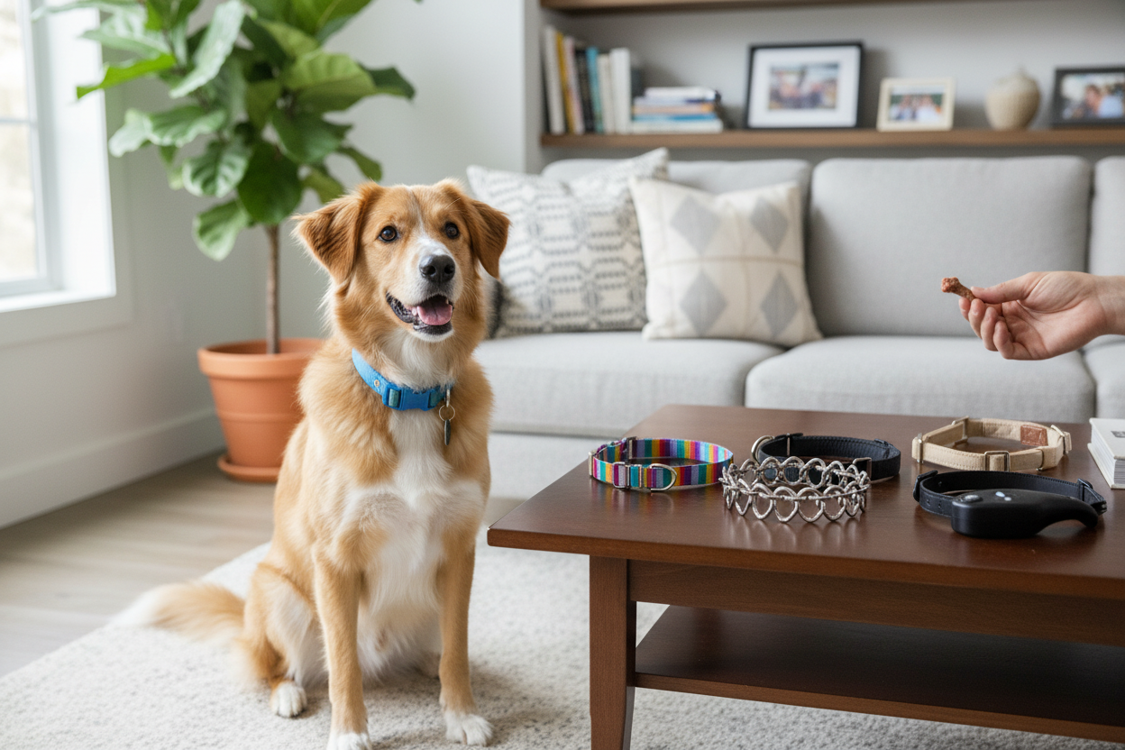 Dog training collar types displayed on table with a happy dog waiting for a treat during training session