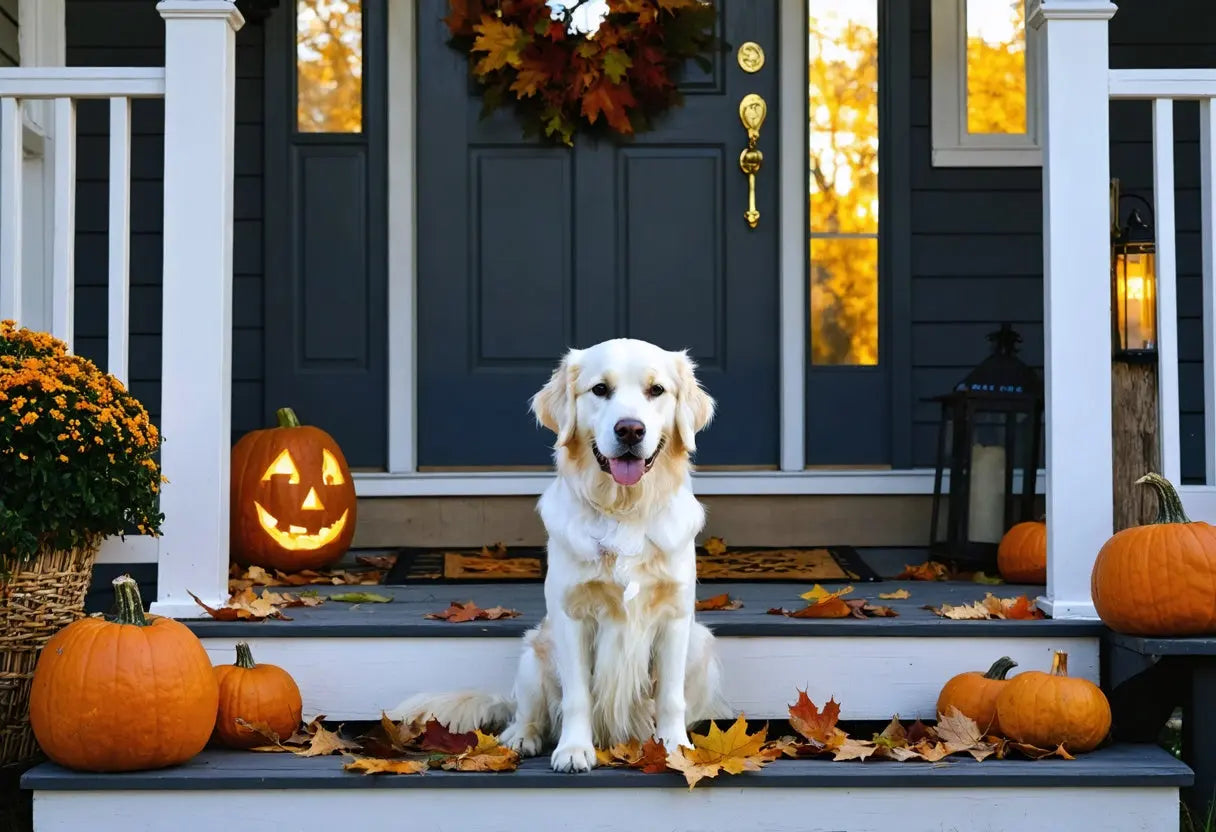 Golden retriever surrounded by pumpkins on a decorated porch, inspiring dog Halloween costume ideas for your pet