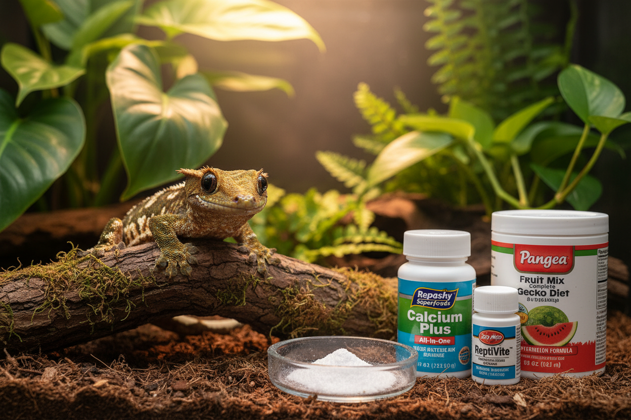 Crested gecko vitamin supplements and diet essentials for healthy reptile care and nutrition