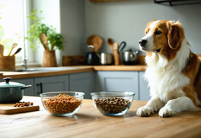 Curious dog comparing freeze-dried vs. dehydrated dog food options in a cozy kitchen setting